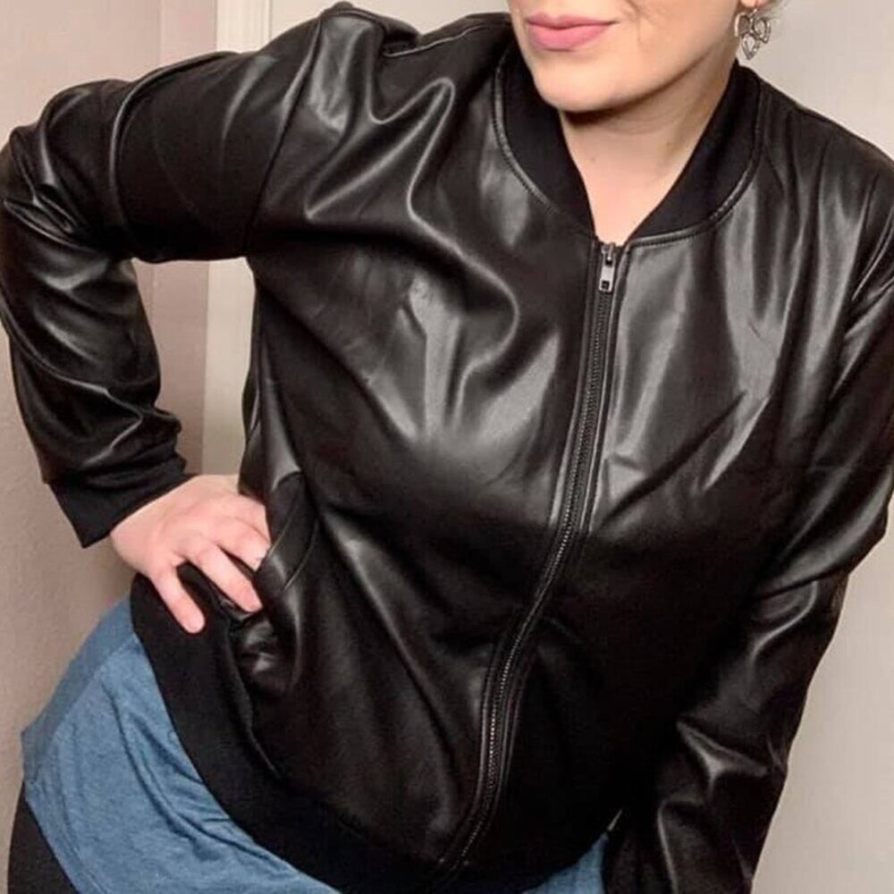 NEW XL LuLaRoe Black Pleather Faux Leather Stevie‎ Bomber Jacket Zipper 90z Y2K